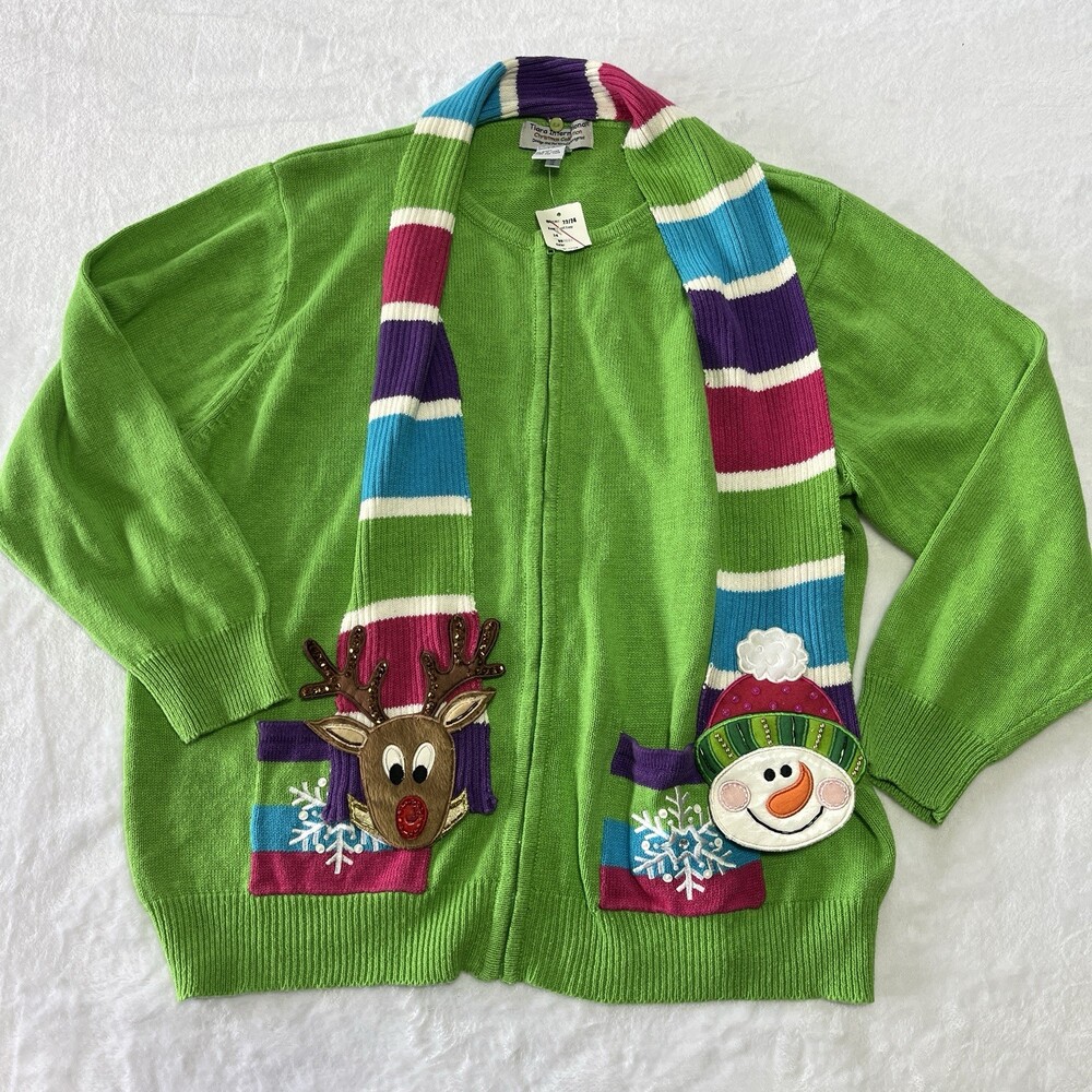 VTG Tiara International Christmas Sweater Festive Scarf Zip Up Cardigan 2X NWT